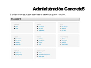 Administración Concrete5 
El sitio entero se puede administrar desde un panel sencillo. 
 