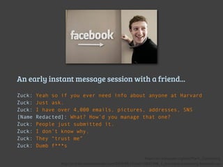 http://www.guardian.co.uk/technology/2010/jan/11/facebook-privacy
Privacy no longer a social norm, says Facebook
founder
“...