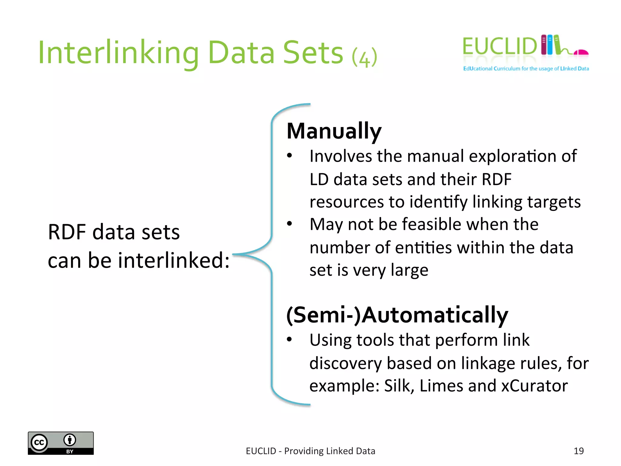 Interlinking 
Data 
Sets 
(4) 
EUCLID 
-­‐ 
Providing 
Linked 
Data 
19 
RDF 
data 
sets 
can 
be 
interlinked: 
Manually 
• Involves 
the 
manual 
exploraSon 
of 
LD 
data 
sets 
and 
their 
RDF 
resources 
to 
idenSfy 
linking 
targets 
• May 
not 
be 
feasible 
when 
the 
number 
of 
enSSes 
within 
the 
data 
set 
is 
very 
large 
(Semi-­‐)Automatically 
• Using 
tools 
that 
perform 
link 
discovery 
based 
on 
linkage 
rules, 
for 
example: 
Silk, 
Limes 
and 
xCurator 
 