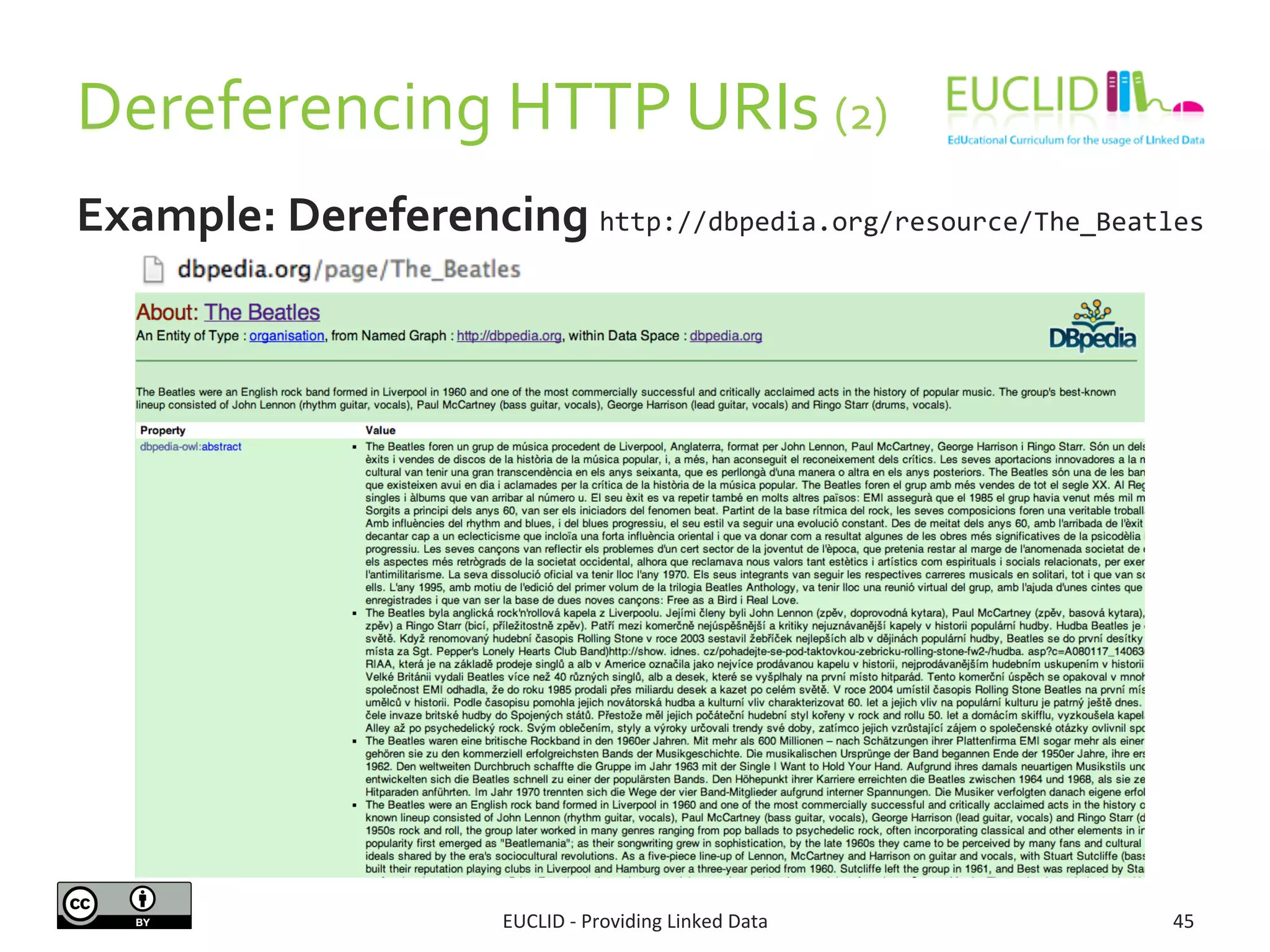 Dereferencing 
HTTP 
URIs 
(2) 
Example: 
Dereferencing 
http://dbpedia.org/resource/The_Beatles 
EUCLID 
-­‐ 
Providing 
Linked 
Data 
45 
 