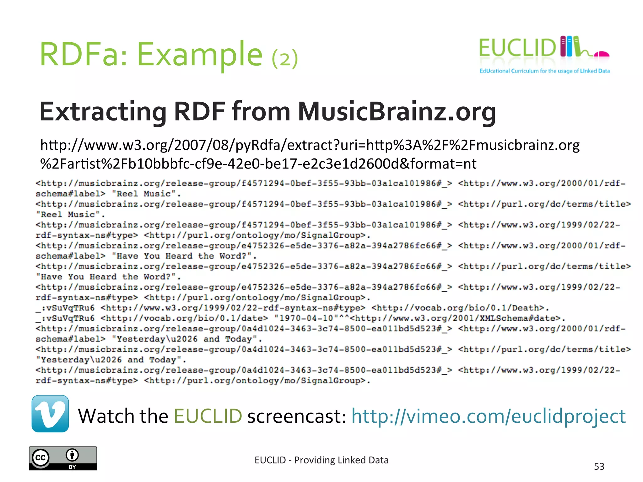 RDFa: 
Example 
(2) 
Extracting 
RDF 
from 
MusicBrainz.org 
EUCLID 
-­‐ 
Providing 
Linked 
Data 
53 
hdp://www.w3.org/2007/08/pyRdfa/extract?uri=hdp%3A%2F%2Fmusicbrainz.org 
%2FarSst%2Fb10bbbfc-­‐cf9e-­‐42e0-­‐be17-­‐e2c3e1d2600d&format=nt 
Watch 
the 
EUCLID 
screencast: 
http://vimeo.com/euclidproject 
 