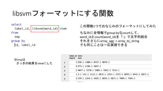 libsvmフォーマットにする関数
この関数1つでおなじみのフォーマットにしてみた
ちなみに全情報でgroup byなcountして、
word_idとcount(word_id)を「:」で文字列結合
それをさらにarray_agg -> array_to_string
でも同じことは一応実現できる
※tmpは
さっきの結果をviewにした
 