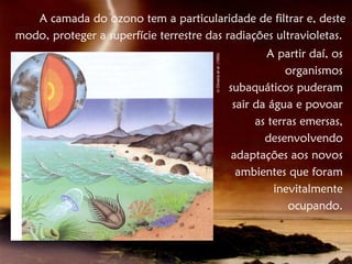 A camada do ozono tem a particularidade de filtrar e, deste
modo, proteger a superfície terrestre das radiações ultravioletas.
                                                                             A partir daí, os




                                        in Oliveira et al. (1999)
                                                                                 organismos
                                                                    subaquáticos puderam
                                                                     sair da água e povoar
                                                                          as terras emersas,
                                                                            desenvolvendo
                                                                     adaptações aos novos
                                                                      ambientes que foram
                                                                              inevitalmente
                                                                                 ocupando.
 