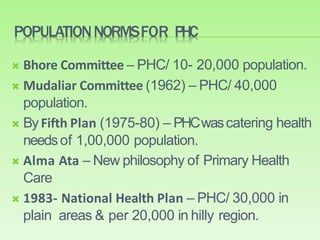 POPULATIONNORMSFOR PHC
 Bhore Committee – PHC/ 10- 20,000 population.
 Mudaliar Committee (1962) – PHC/ 40,000
population.
 ByFifth Plan (1975-80) – PHCwascatering health
needsof 1,00,000 population.
 Alma Ata – New philosophy of Primary Health
Care
 1983- National Health Plan – PHC/ 30,000 in
plain areas & per 20,000 in hilly region.
 