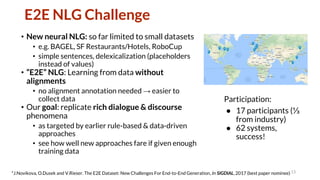 E2E NLG Challenge
• New neural NLG: so far limited to small datasets
• e.g. BAGEL, SF Restaurants/Hotels, RoboCup
• simple sentences, delexicalization (placeholders
instead of values)
• “E2E” NLG: Learning from data without
alignments
• no alignment annotation needed → easier to
collect data
• Our goal: replicate rich dialogue & discourse
phenomena
• as targeted by earlier rule-based & data-driven
approaches
• see how well new approaches fare if given enough
training data
13
Participation:
● 17 participants (⅓
from industry)
● 62 systems,
success!
*J.Novikova, O.Dusek and V.Rieser. The E2E Dataset: New Challenges For End-to-End Generation, In SIGDIAL, 2017 (best paper nominee)
 