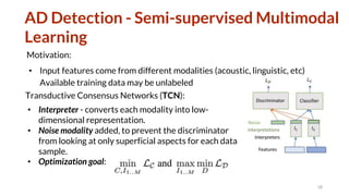 AD Detection - Semi-supervised Multimodal
Learning
Motivation:
• Input features come from different modalities (acoustic, linguistic, etc)
Available training data may be unlabeled
18
Transductive Consensus Networks (TCN):
• Interpreter - converts each modality into low-
dimensional representation.
• Noise modality added, to prevent the discriminator
from looking at only superficial aspects for each data
sample.
• Optimization goal:
 