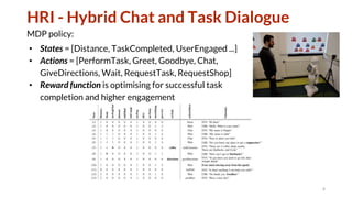 HRI - Hybrid Chat and Task Dialogue
MDP policy:
• States = [Distance, TaskCompleted, UserEngaged ...]
• Actions = [PerformTask, Greet, Goodbye, Chat,
GiveDirections, Wait, RequestTask, RequestShop]
• Reward function is optimising for successful task
completion and higher engagement
4
 