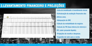Plataforma de Negócios | www.corretoresdenegocios.com.br | Grupo EGD Negócios
•
•
•
•
•
•
•
2.LEVANTAMENTO FINANCEIRO E PROJEÇÕES
 