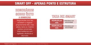 SMART OFF - APENAS PONTO E ESTRUTURA
Plataforma de Negócios | www.corretoresdenegocios.com.br | Grupo EGD Negócios
• Mandatos com
exclusividade
R$599,00 por
mês
• Mandatos sem
exclusividade
R$699,00 por
mês
Negociações que não
envolvam o negócio
propriamente dito, mas
ativos, bens ou mesmo
pontos comerciais.
Intermediamos com
agilidade, eficiência e
discrição.
 