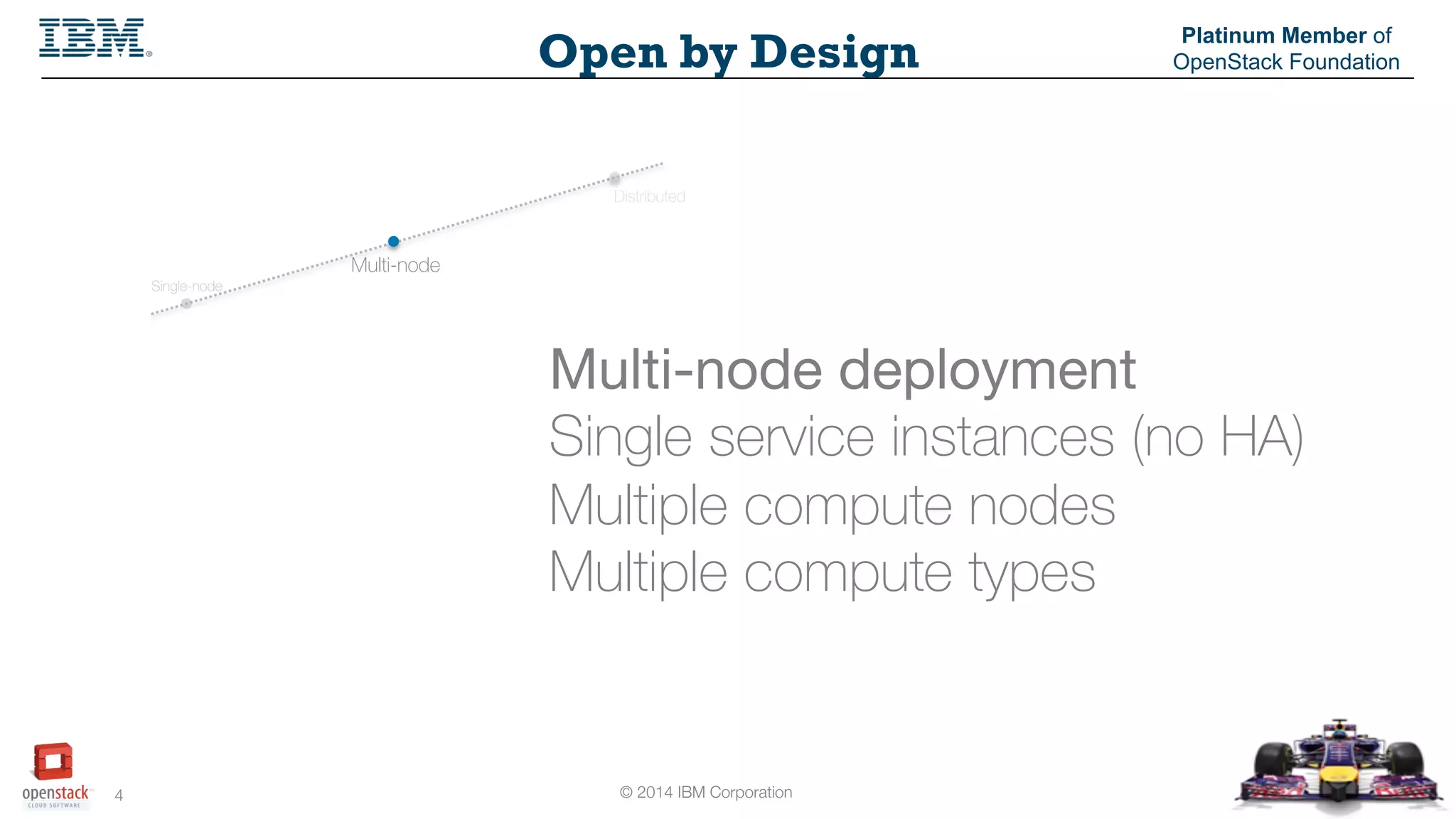 © 2014 IBM Corporation
4
Open by Design
Platinum Member of
OpenStack Foundation
Multi-node deployment
Single service instances (no HA)
Multiple compute nodes
Multiple compute types
Single-node
Multi-node
Distributed
 