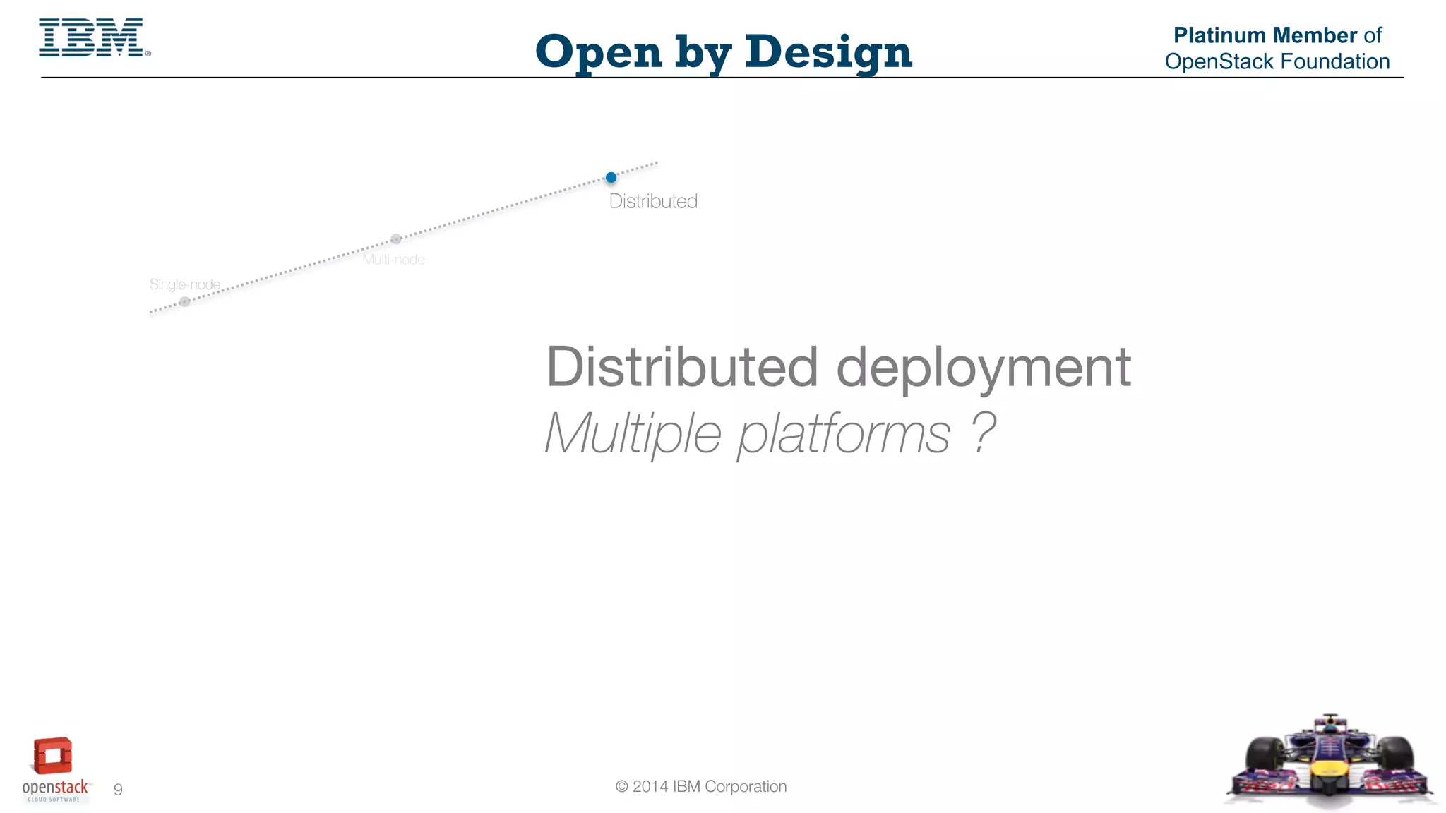 © 2014 IBM Corporation
9
Open by Design
Platinum Member of
OpenStack Foundation
Distributed deployment
Multiple platforms ?
Single-node
Distributed
Multi-node
 
