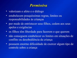 PermissivaPermissiva
• valorizam o afeto e o diálogo
• estabelecem pouquíssimas regras, limites ou
responsabilidades às crianças
• por medo de entristecer seus filhos, cedem aos seus
apelos e exigências
• os filhos têm liberdade para fazerem o que querem
• não conseguem estabelecer os limites em situações de
conflito ou desobediência da criança
• possuem enorme dificuldade de exercer algum tipo de
controle sobre a criança
 