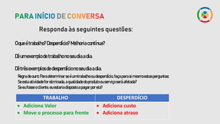 Oqueétrabalho?Desperdício? Melhoriacontínua?
Responda às seguintes questões:
Dêumexemplodetrabalhono seudiaadia.
Dêtrêsexemplosdedesperdíciono seudiaadia.
TRABALHO DESPERDÍCIO
 Adiciona Valor
 Move o processo para frente
 Adiciona custo
 Adiciona atraso
Regradeouro:Paradeterminarseéumtrabalhooudesperdício,façaparasimesmoestasperguntas:
Seestaatividadefor eliminada,aqualidadedoprodutoouserviçoseráafetada?
Seeufosseocliente,euestariadispostoapagarporela?
 
