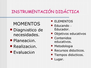 INSTRUMENTACIÓN DIDÁCTICA
MOMENTOS
 Diagnóstico de
necesidades.
 Planeación.
 Realización.
 Evaluación
 ELEMENTOS
 Educando –
Educador.
 Objetivos educativos
 Contenidos
educativos.
 Metodología
 Recursos didácticos.
 Tiempos didácticos.
 Lugar.
 