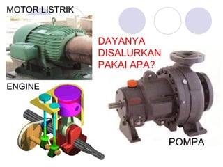 MOTOR LISTRIK
ENGINE
POMPA
DAYANYA
DISALURKAN
PAKAI APA?
 