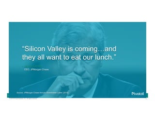 11© 2016 Pivotal Software, Inc. All rights reserved.
Cloud Native Power Lunch Series
Source: JPMorgan Chase Annual Shareholder Letter (2015)
“Silicon Valley is coming…and
they all want to eat our lunch.”
- Jamie Dimon
CEO, JPMorgan Chase
 