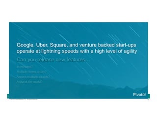 16© 2016 Pivotal Software, Inc. All rights reserved.
Cloud Native Power Lunch Series
Google, Uber, Square, and venture backed start-ups
operate at lightning speeds with a high level of agility
Can you release new features…
In minutes?
Multiple times a day?
Across multiple clouds?
Around the world?
 