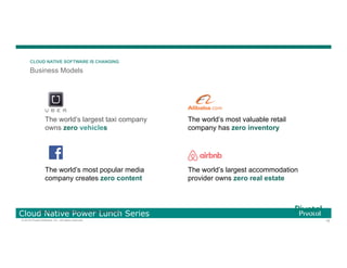 18© 2016 Pivotal Software, Inc. All rights reserved.
Cloud Native Power Lunch Series
The world’s largest taxi company
owns zero vehicles
The world’s most popular media
company creates zero content
The world’s most valuable retail
company has zero inventory
The world’s largest accommodation
provider owns zero real estate
Source: Tom Goodwin, SVP Havas Media
CLOUD NATIVE SOFTWARE IS CHANGING
Business Models
 