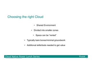 21© 2016 Pivotal Software, Inc. All rights reserved.
Cloud Native Power Lunch Series
Choosing the right Cloud
•  Shared Environment
•  Divided into smaller zones
•  Space can be “rented”
•  Typically bare bones/minimal groundwork
•  Additional skills/tools needed to get value
 