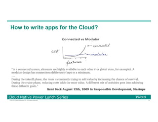 32© 2016 Pivotal Software, Inc. All rights reserved.
Cloud Native Power Lunch Series
How to write apps for the Cloud?
“In a connected system, elements are highly available to each other (via global state, for example). A
modular design has connections deliberately kept to a minimum.
….
During the takeoff phase, the team is constantly trying to add value by increasing the chance of survival.
During the cruise phase, reducing costs adds the most value. A different mix of activities goes into achieving
these different goals.”
Kent Beck August 12th, 2009 in Responsible Development, Startups
 
