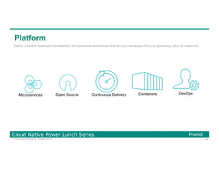 48© 2016 Pivotal Software, Inc. All rights reserved.
Cloud Native Power Lunch Series
Platform
Deliver a modern application development and operations environment that lets your developers focus on generating value for customers.
Microservices Open Source Continuous Delivery Containers DevOps
 