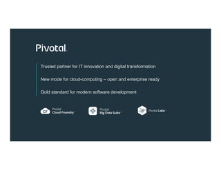 6© 2016 Pivotal Software, Inc. All rights reserved.
Cloud Native Power Lunch Series
Trusted partner for IT innovation and digital transformation
New mode for cloud-computing – open and enterprise ready
Gold standard for modern software development
 