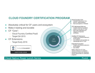 62© 2016 Pivotal Software, Inc. All rights reserved.
Cloud Native Power Lunch Series
62
●  Absolutely critical for CF users and ecosystem
●  Make it lasting and durable
●  CF “Core”:
○  Cloud Foundry Certified PaaS
○  Target Q4 2015
●  CF Extensions
○  Target Early 2016
CLOUD FOUNDRY CERTIFICATION PROGRAM Cloud Foundry Core
•  Certified Products and “As a
Service” Implementations
•  Must Use Specific CF-Release
CFF Maintained Add-ons
•  Projects owned by Foundation
•  Extend or work with CF Core
•  Must meet qualifications for
relevant CF Extension
certification
Certified CF Extensions
•  Projects and products external to
the foundation
•  Are certified by the foundation as
interoperable with CF Core
Extended Ecosystem
•  Projects and products external to
the foundation
•  Not certified
BOSH, while not in CF Core,
remains critical to our ecosystem
development efforts and represents
several opportunities for certification
programs.
 