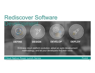 80© 2016 Pivotal Software, Inc. All rights reserved.
Cloud Native Power Lunch Series
Embrace cloud platform evolution, adopt an agile development
methodology, and let your developers find their voice.
Rediscover Software
Development
DEPLOYDEVELOPDESIGNDEFINE
 