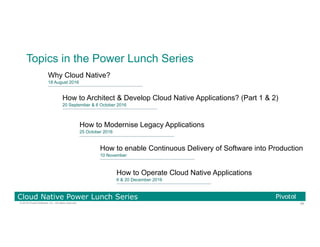 98© 2016 Pivotal Software, Inc. All rights reserved.
Cloud Native Power Lunch Series
Topics in the Power Lunch Series
Why Cloud Native?
18 August 2016
How to Architect & Develop Cloud Native Applications? (Part 1 & 2)
20 September & 6 October 2016
How to Modernise Legacy Applications
25 October 2016
How to enable Continuous Delivery of Software into Production
10 November
How to Operate Cloud Native Applications
6 & 20 December 2016
 
