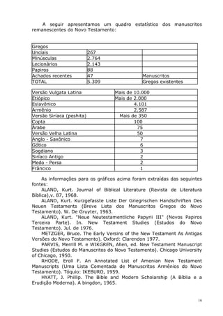 A seguir apresentamos um quadro estatístico dos manuscritos
remanescentes do Novo Testamento:
Gregos
Unciais 267
Minúsculas 2.764
Lecionários 2.143
Papiros 88
Achados recentes 47 Manuscritos
TOTAL 5.309 Gregos existentes
Versão Vulgata Latina Mais de 10.000
Etiópico Mais de 2.000
Eslavônico 4.101
Armênio 2.587
Versão Siríaca (peshita) Mais de 350
Copta 100
Árabe 75
Versão Velha Latina 50
Anglo - Saxônico 7
Gótico 6
Sogdiano 3
Siríaco Antigo 2
Medo - Persa 2
Frâncico 1
As informações para os gráficos acima foram extraídas das seguintes
fontes:
ALAND, Kurt. Journal of Biblical Literature (Revista de Literatura
Bíblica),v. 87, 1968.
ALAND, Kurt. Kurzgefasste Liste Der Griegrischen Handschriften Des
Neuen Testaments (Breve Lista dos Manuscritos Gregos do Novo
Testamento). W. De Gruyter, 1963.
ALAND, Kurt. "Neue Neutestamentliche Papyrii III" (Novos Papiros
Terceira Parte). In. New Testament Studies (Estudos do Novo
Testamento). Jul. de 1976.
METZGER, Bruce. The Early Versins of the New Testament As Antigas
Versões do Novo Testamento). Oxford: Clarendon 1977.
PARVIS, Merrill M. e WIKGREN, Allen, ed. New Testament Manuscript
Studies (Estudos do Manuscritos do Novo Testamento). Chicago University
of Chicago, 1950.
RHODE, Eroll F. An Annotated List of Amenian New Testament
Manuscripts (Uma Lista Comentada de Manuscritos Armênios do Novo
Testamento). Tóquio: IKEBURO, 1959.
HYATT, J. Phillip. The Bible and Modern Scholarship (A Bíblia e a
Erudição Moderna). A bingdon, 1965.
16
 