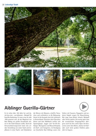 Es ist schon über 100 Jahre her und da­
mit das erste – uns bekannte – Beispiel für
Guerilla-Gardening. Es muss etwa im Jahr
1905 gewesen sein, als der Magistrat von
Bad Aibling ein großes Grundstück mit­
ten in der Stadt bebauen wollte. Doch der
Ortsverschönerungsverein hatte eine an­
dere Vorstellung von seiner Stadt und be­
pflanzte in einer Nacht- und Nebelaktion
Aiblinger Guerilla-Gärtner
die Wiesen mit Bäumen, schaffte Tatsa­
chen und verhinderte so die Bebauung.
Heute ist der Kurpark einer der schönsten
in Deutschland. Zwischen dem Flüsschen
Glonn und dem Mühlbach treffen sich
Spaziergänger, Jogger und Tai-Chi-An­
hänger. Moorgarten und Wasserlehrpfad,
ein Duft- und Tastgarten, ein Rundgang
zur Geschichte Bad Aiblings sowie eine
Voliere mit Fasanen, Papageien und an­
deren Vögeln sorgen für Abwechslung.
Wer mag, kann Boule, Schach, Minigolf
oder Tennis spielen. Ein wenig spürt man
die revolutionäre Vergangenheit übri­
gens noch bei den vielen Open Air-Kon­
zerten unter dem Motto „Kultur im Park“
oder auch beim großen Parkfest jedes
Jahr im August.
Lebendige Stadt26
04 BAmagazin_LebendigeStadt RZ.indd 26 07.11.14 10:00
 