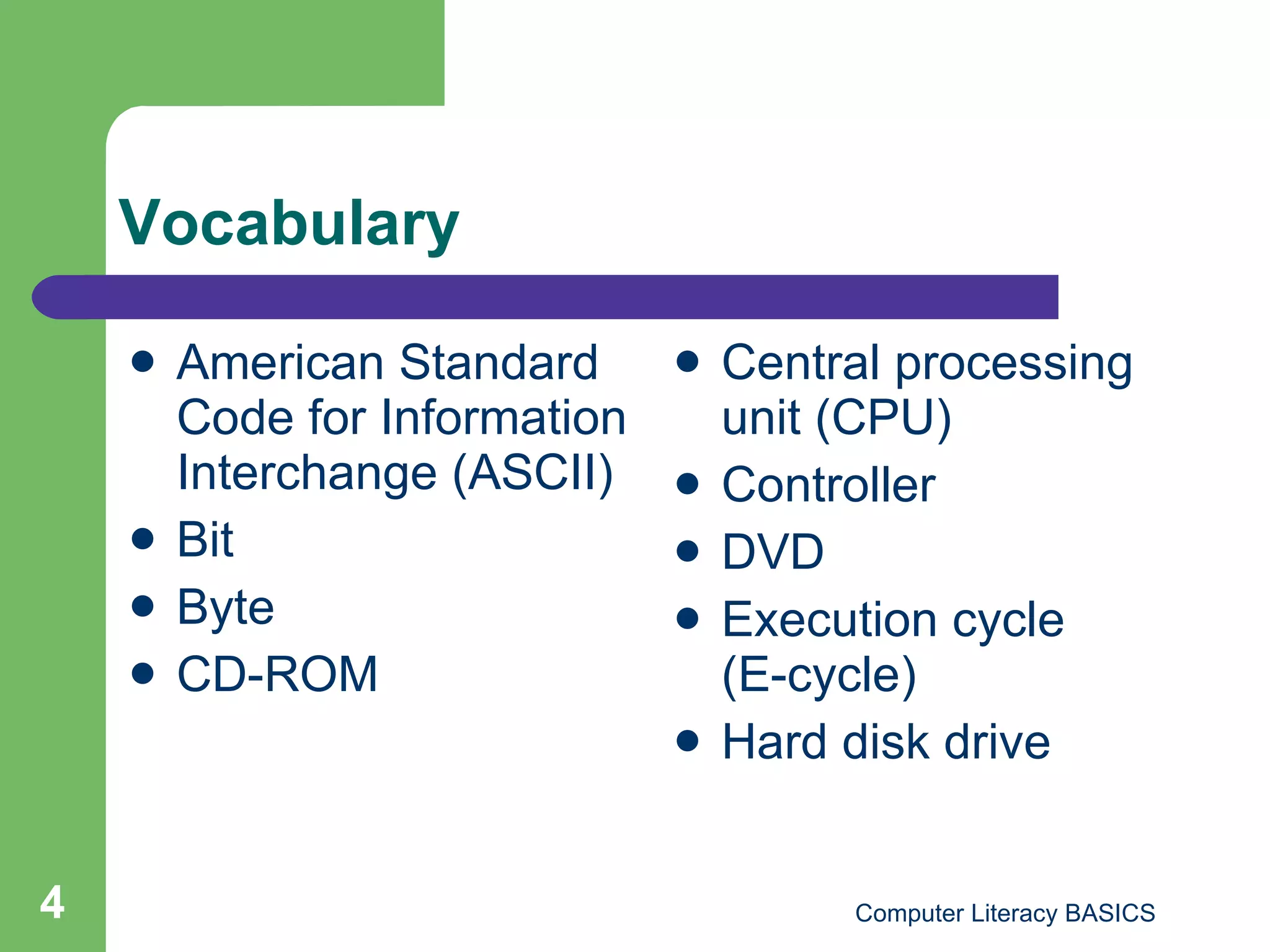 Vocabulary American Standard Code for Information Interchange (ASCII) Bit Byte CD-ROM Central processing unit (CPU) Controller DVD Execution cycle  (E-cycle) Hard disk drive 