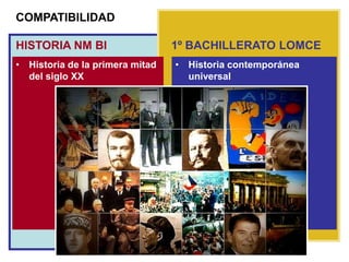 COMPATIBILIDAD
HISTORIA NM BI 1º BACHILLERATO LOMCE
• Historia contemporánea
universal
• Historia de la primera mitad
del siglo XX
 