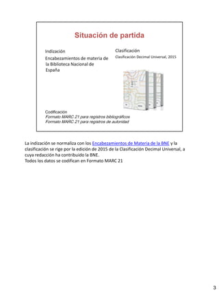 La indización se normaliza con los Encabezamientos de Materia de la BNE y la
clasificación se rige por la edición de 2015 de la Clasificación Decimal Universal, a
cuya redacción ha contribuido la BNE.
Todos los datos se codifican en Formato MARC 21
3
 