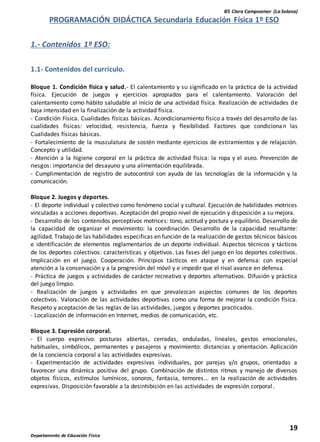 IES Clara Campoamor (La Solana)
19
Departamento de Educación Física
PROGRAMACIÓN DIDÁCTICA Secundaria Educación Física 1º ESO
1.- Contenidos 1º ESO:
1.1- Contenidos del currículo.
Bloque 1. Condición física y salud.- El calentamiento y su significado en la práctica de la actividad
física. Ejecución de juegos y ejercicios apropiados para el calentamiento. Valoración del
calentamiento como hábito saludable al inicio de una actividad física. Realización de actividades de
baja intensidad en la finalización de la actividad física.
- Condición Física. Cualidades físicas básicas. Acondicionamiento físico a través del desarrollo de las
cualidades físicas: velocidad, resistencia, fuerza y flexibilidad. Factores que condicionan las
Cualidades físicas básicas.
- Fortalecimiento de la musculatura de sostén mediante ejercicios de estiramientos y de relajación.
Concepto y utilidad.
- Atención a la higiene corporal en la práctica de actividad física: la ropa y el aseo. Prevención de
riesgos: importancia del desayuno y una alimentación equilibrada.
- Cumplimentación de registro de autocontrol con ayuda de las tecnologías de la información y la
comunicación.
Bloque 2. Juegos y deportes.
- El deporte individual y colectivo como fenómeno social y cultural. Ejecución de habilidades motrices
vinculadas a acciones deportivas. Aceptación del propio nivel de ejecución y disposición a su mejora.
- Desarrollo de los contenidos perceptivos motrices: tono, actitud y postura y equilibrio. Desarrollo de
la capacidad de organizar el movimiento: la coordinación. Desarrollo de la capacidad resultante:
agilidad. Trabajo de las habilidades especificas en función de la realización de gestos técnicos básicos
e identificación de elementos reglamentarios de un deporte individual. Aspectos técnicos y tácticos
de los deportes colectivos: características y objetivos. Las fases del juego en los deportes colectivos.
Implicación en el juego. Cooperación. Principios tácticos en ataque y en defensa: con especial
atención a la conservación y a la progresión del móvil y e impedir que el rival avance en defensa.
- Práctica de juegos y actividades de carácter recreativo y deportes alternativos. Difusión y práctica
del juego limpio.
- Realización de juegos y actividades en que prevalezcan aspectos comunes de los deportes
colectivos. Valoración de las actividades deportivas como una forma de mejorar la condición física.
Respeto y aceptación de las reglas de las actividades, juegos y deportes practicados.
- Localización de información en Internet, medios de comunicación, etc.
Bloque 3. Expresión corporal.
- El cuerpo expresivo: posturas abiertas, cerradas, onduladas, lineales, gestos emocionales,
habituales, simbólicos, permanentes y pasajeros y movimiento: distancias y orientación. Aplicación
de la conciencia corporal a las actividades expresivas.
- Experimentación de actividades expresivas individuales, por parejas y/o grupos, orientadas a
favorecer una dinámica positiva del grupo. Combinación de distintos ritmos y manejo de diversos
objetos físicos, estímulos lumínicos, sonoros, fantasía, temores... en la realización de actividades
expresivas. Disposición favorable a la desinhibición en las actividades de expresión corporal.
 