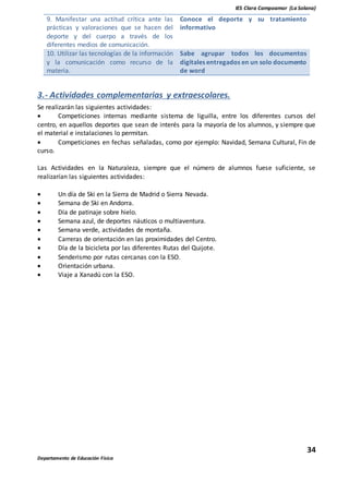 IES Clara Campoamor (La Solana)
34
Departamento de Educación Física
9. Manifestar una actitud crítica ante las
prácticas y valoraciones que se hacen del
deporte y del cuerpo a través de los
diferentes medios de comunicación.
Conoce el deporte y su tratamiento
informativo
10. Utilizar las tecnologías de la información
y la comunicación como recurso de la
materia.
Sabe agrupar todos los documentos
digitales entregados en un solo documento
de word
3.- Actividades complementarias y extraescolares.
Se realizarán las siguientes actividades:
 Competiciones internas mediante sistema de liguilla, entre los diferentes cursos del
centro, en aquellos deportes que sean de interés para la mayoría de los alumnos, y siempre que
el material e instalaciones lo permitan.
 Competiciones en fechas señaladas, como por ejemplo: Navidad, Semana Cultural, Fin de
curso.
Las Actividades en la Naturaleza, siempre que el número de alumnos fuese suficiente, se
realizarían las siguientes actividades:
 Un día de Ski en la Sierra de Madrid o Sierra Nevada.
 Semana de Ski en Andorra.
 Día de patinaje sobre hielo.
 Semana azul, de deportes náuticos o multiaventura.
 Semana verde, actividades de montaña.
 Carreras de orientación en las proximidades del Centro.
 Día de la bicicleta por las diferentes Rutas del Quijote.
 Senderismo por rutas cercanas con la ESO.
 Orientación urbana.
 Viaje a Xanadú con la ESO.
 