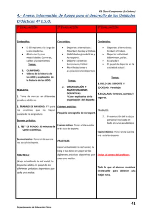 IES Clara Campoamor (La Solana)
41
Departamento de Educación Física
4.- Anexo: Información de Apoyo para el desarrollo de las Unidades
Didácticas 4º E.S.O.
1º EVALUACIÓN 2º EVALUACIÓN 3º EVALUACIÓN
Contenidos:
 El Olimpismo a lo largo de
la era moderna.
 Atletismo II y sus
modalidades:Carreras,
saltos y lanzamientos
Temas:
1. OLIMPISMO.
 Vídeos de la historia de
los JJOO y explicación de
la historia de los JJOO.
TRABAJOS:
1. Toma de marcas en diferentes
pruebas atléticas.
2. TRABAJO DE NAVIDAD: PTI para
los alumnos que no hayan
superado la asignatura
Examen práctico:
1. TEST DE FONDO: 30 minutos de
Carrera continua.
Examenteórico: Poner al día vuestra
red social de deporte.
PRACTICAS:
Llevar actualizado tu red social, tu
blog o tus datos en papel de las
diferentes prácticas deportivas que
cada uno realice.
Contenidos:
 Deportes alternativos:
Floorball,hockey y frisbee.
 Habilidades gimnásticas y
AcrosportI.
 Deporte colectivo:
balonmano,Fútbol.
 Manifestaciones y
asociacionismo deportivo.
Temas:
2. ORGANIZACIÓN Y
MANIFESTACIONES
DEPORTIVAS.
*Clase explicativa de la
organización del deporte.
Examen práctico:
Pequeña coreografía de Acrosport.
Examenteórico: Poner al día vuestra
red social de deporte.
PRACTICAS:
Llevar actualizado tu red social, tu
blog o tus datos en papel de las
diferentes prácticas deportivas que
cada uno realice.
Contenidos:
 Deportes alternativos:
Kinball o frisbee.
 Deporte individual:
Bádminton, palas.
 Escalada II
 El papel de deporte en la
sociedad actual.
Temas:
3. SIGLO XXI: DEPORTE Y
SOCIEDAD. Paradojas
4. ESCALADA: Arneses, cuerdas y
seguros.
TRABAJOS:
2. Presentación del trabajo
personal realizado en
todo el curso académico.
Examenteórico: Poner al día vuestra
red social de deporte
Enviar al correo del profesor:
Todo lo que el alumno considere
interesante para obtener una
mejor nota.
 