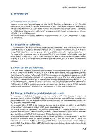 IES Clara Campoamor (La Solana)
43
Departamento de Educación Física
1.- Introducción
1.1. Composición de las familias.
Nuestro centro está compuesto por un total de 282 familias, de las cuales el 92,2 % están
compuestas por el padre y la madre, mientras que el 7,04 % son mono parentales. En lo que se
refiere al nºde hermanos,el 42,6 % de losalumnostienen2 hermanos; el 24,6 % tiene 1 hermano;
el 19,01 % tiene 3 hermanos; el 3,9 % tiene 5 hermanos; el 2,8 % tiene 4 hermanos; y, por último,
solo el 0,35 % tiene 6 hermanos.
Por último destacar que de las 282 familias que componen el I.E.S. ‘Clara Campoamor’, el 7,04 %
son extranjeras.
1.2. Ocupación de las familias.
En lo que se refiere ala ocupaciónde los padresdestacarque el 33,80 % de losmismosse dedica al
sector terciario; el 26,41 % al sector primario; el 24,30 % al sector secundario; el 7,04 % está en
paro; el 3,52 % jubilado; mientras que, por último, el 2,46 % se encuadra en otras categorías.
Por su parte, las madres de nuestros alumnos el 59,86 % se dedican en exclusiva a las tareas del
hogar o amas de casa; el 22,18 % al sector terciario; el 8,45 % al sector secundario; el 3,87 % está
en paro; el 1,76 % al sector primario; mientras que, por último, el 1,41 % de las mismas están
jubiladas.
1.3. Nivel cultural de las familias.
El 54,23 %de lospadresde alumnos de nuestro centro han cursado estudios obligatorios; el 25,35
% no ha completado dichos estudios; el 10,21 % tiene estudios secundarios post obligatorios
(BachilleratooFormaciónProfesional);el 3,87 % tiene estudios universitarios o superiores; el 1,06
% estudiosuniversitariosde ciclocorto;mientras que, por último, el 3,52 % no sabe o no contesta.
En cuanto a las madresdestacaque el 60,92 % de lasmismastienen estudios obligatorios; el 21,13
% sin completar; el 8,10 tiene estudios secundarios post obligatorios (Bachillerato o Formación
Profesional); el 3,52 % estudios universitarios o superiores de ciclo largo; el 1,76 % estudios
universitarios o superiores de ciclo corto; finalmente el 0,35 % no sabe, no contesta.
1.4. Hábitos, actitudes y expectativas hacia el estudio.
En nuestracomunidadeducativaunporcentaje muy amplio de las familias dispone de un entorno
adecuado para el estudio, así el 89,05 % de las mismas disponen para sus hijos de un espacio de
estudio adecuado; el 85,2 % dispone de libros de consulta; el 93,7 % tiene ordenador en casa y el
82,04 % tiene acceso a Internet.
Sin embargo, sólo el 28,5 % de nuestros alumnos asisten, según sus padres a actividades
extraescolares, mientras que sólo un 19,4 % asiste a clases de apoyo.
Por lo que respecta al tiempo en casa, reseñar que para hacer la tarea un 47,18 % de nuestros
alumnos dedican entre 2 y 4 horas diarias; un 38,03 % dedica menos de 2 horas diarias; mientras
que, por último, sólo el 9,86 % dedica más de 4 horas diarias a tales menesteres.
Respectoa ladedicacióndel tiempolibre, Internet ocupa menos de 2 horas diarias para el 50,70 %
de nuestro alumnado; entre 2 y 4 horas para el 30,28 %; y más de 4 horas para el 7,75 %; y la
televisión ocupa menos de 2 horas diarias para el 55,28 % de nuestro alumnado; entre 2 y 4 horas
para el 38,03 %; y,únicamente un 4,23 % de nuestro alumnado dedica más de cuatro horas diarias
a ver la misma.
 