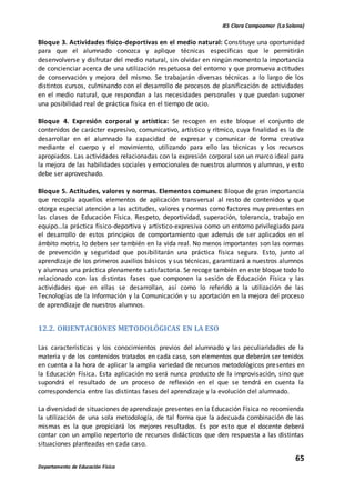 IES Clara Campoamor (La Solana)
65
Departamento de Educación Física
Bloque 3. Actividades físico-deportivas en el medio natural: Constituye una oportunidad
para que el alumnado conozca y aplique técnicas específicas que le permitirán
desenvolverse y disfrutar del medio natural, sin olvidar en ningún momento la importancia
de concienciar acerca de una utilización respetuosa del entorno y que promueva actitudes
de conservación y mejora del mismo. Se trabajarán diversas técnicas a lo largo de los
distintos cursos, culminando con el desarrollo de procesos de planificación de actividades
en el medio natural, que respondan a las necesidades personales y que puedan suponer
una posibilidad real de práctica física en el tiempo de ocio.
Bloque 4. Expresión corporal y artística: Se recogen en este bloque el conjunto de
contenidos de carácter expresivo, comunicativo, artístico y rítmico, cuya finalidad es la de
desarrollar en el alumnado la capacidad de expresar y comunicar de forma creativa
mediante el cuerpo y el movimiento, utilizando para ello las técnicas y los recursos
apropiados. Las actividades relacionadas con la expresión corporal son un marco ideal para
la mejora de las habilidades sociales y emocionales de nuestros alumnos y alumnas, y esto
debe ser aprovechado.
Bloque 5. Actitudes, valores y normas. Elementos comunes: Bloque de gran importancia
que recopila aquellos elementos de aplicación transversal al resto de contenidos y que
otorga especial atención a las actitudes, valores y normas como factores muy presentes en
las clases de Educación Física. Respeto, deportividad, superación, tolerancia, trabajo en
equipo…la práctica físico-deportiva y artístico-expresiva como un entorno privilegiado para
el desarrollo de estos principios de comportamiento que además de ser aplicados en el
ámbito motriz, lo deben ser también en la vida real. No menos importantes son las normas
de prevención y seguridad que posibilitarán una práctica física segura. Esto, junto al
aprendizaje de los primeros auxilios básicos y sus técnicas, garantizará a nuestros alumnos
y alumnas una práctica plenamente satisfactoria. Se recoge también en este bloque todo lo
relacionado con las distintas fases que componen la sesión de Educación Física y las
actividades que en ellas se desarrollan, así como lo referido a la utilización de las
Tecnologías de la Información y la Comunicación y su aportación en la mejora del proceso
de aprendizaje de nuestros alumnos.
12.2. ORIENTACIONES METODOLÓGICAS EN LA ESO
Las características y los conocimientos previos del alumnado y las peculiaridades de la
materia y de los contenidos tratados en cada caso, son elementos que deberán ser tenidos
en cuenta a la hora de aplicar la amplia variedad de recursos metodológicos presentes en
la Educación Física. Esta aplicación no será nunca producto de la improvisación, sino que
supondrá el resultado de un proceso de reflexión en el que se tendrá en cuenta la
correspondencia entre las distintas fases del aprendizaje y la evolución del alumnado.
La diversidad de situaciones de aprendizaje presentes en la Educación Física no recomienda
la utilización de una sola metodología, de tal forma que la adecuada combinación de las
mismas es la que propiciará los mejores resultados. Es por esto que el docente deberá
contar con un amplio repertorio de recursos didácticos que den respuesta a las distintas
situaciones planteadas en cada caso.
 