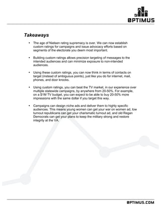 .comconfidential
	
  
	
  
	
  
Takeaways
• The age of Nielsen rating supremacy is over. We can now establish
custom ratings for campaigns and issue advocacy efforts based on
segments of the electorate you deem most important.
• Building custom ratings allows precision targeting of messages to the
intended audiences and can minimize exposure to non-intended
audiences.
• Using these custom ratings, you can now think in terms of contacts on
target (instead of ambiguous points), just like you do for internet, mail,
phones, and door knocks.
• Using custom ratings, you can beat the TV market, in our experience over
multiple statewide campaigns, by anywhere from 20-50%. For example,
on a $1M TV budget, you can expect to be able to buy 20-50% more
impressions with the same dollar if you target this way.
• Campaigns can design niche ads and deliver them to highly specific
audiences. This means young women can get your war on women ad, low
turnout republicans can get your charismatic turnout ad, and old Regan
Democrats can get your plans to keep the military strong and restore
integrity at the VA.
 
