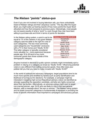 .comconfidential
	
  
	
  
	
  
The Nielsen “points” status-quo
Even if you are not involved in buying television ads, you have undoubtedly
heard of Nielsen ratings and their ubiquitous “points.” The day after the Super
Bowl, you might wake up hearing reports of how many points the Super Bowl
attracted and how that compares to previous years. Interestingly, most people
are not aware exactly of what a “point” is, even though they may have been
willing to purchase ads and think in terms of points for decades.
In the Nielsen rating system, a point is set to be
equal to 1% of the viewers in any given Nielsen
category (see the table to the right for a list of
such categories). The two most commonly
used categories are “households” (everyone
with a TV in their home) and “Adults 18-49.”
This latter category is typically considered
more valuable (i.e., more expensive) because
people age 18 to 49 tend to buy more
consumer goods than those outside of this
demographic category.
Anyone involved in electoral or public opinion contests might immediately spot a
problem in relying on a category as broad as “Adults 18-49.” Influencing potential
voters is very different from selling consumer goods. How often does your
pollster tell you that you need to make inroads with “Adults 18-49?”
In the world of political and advocacy campaigns, target populations tend to be
much more specific and stratified by factors such as party identification and
likelihood of turning out for elections. For example, a campaign might be
interested in targeting high turnout Republican primary voters not identified as
strongly supporting the opposition candidate, and who are highly concerned
about their tax burden. Alternatively, an advocacy group might want to target
non-married women, age 18-35 who are likely to vote in the next general
election, with a message about “the war on women.” The Nielsen rating system
and its broad consumer categories is fundamentally ill equipped in providing the
kinds of specific information most important to campaigns and advocacy groups.
Nielsen Estimates 2012-2013
Households
People 2+
Adults 18-49
Women 18-49
Men 18-49
Adults 18-34
Women 18-34
Men 18-34
Adults 25-54
Teens 12-17
Kids 2-11
 