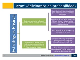 Francisco Sandoval | fasandoval@utpl.edu.ec
Azar: «Adivinanza de probabilidad»
Estrategias
Básicas
Conjeturar acerca del color que,
según has notado es el más frecuente
Garantiza un cierto grado de éxito,
pero también se asume que no se
hará mejor.
Ejemplo: si el color verde aparece un
75% del tiempo y decides apostar
siempre por él, estarás en lo cierto un
75% de las veces.
Ruta preferida de las ratas y otros
animales no humanos
«Combinar» tu proporción de
conjetura de verde y rojo con la
proporción de verde y rojo que
observaste en el pasado.
Si el color verde y rojo aparecen con
alguna pauta y eres capaz de
adivinarla, acertarás cada vez.
Pero, si los colores aparecen
aleatoriamente, habrías hecho mejor
manteniéndote en un color.
14
 