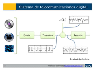 Francisco Sandoval | fasandoval@utpl.edu.ec
Sistema de telecomunicaciones digital
Teoría de la Decisión
Fuente Transmisor Receptor
𝑛(𝑡 )
28
 