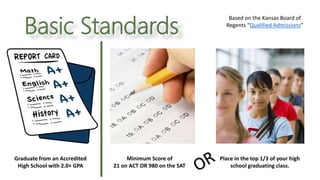 Basic Standards
Graduate from an Accredited
High School with 2.0+ GPA
Minimum Score of
21 on ACT OR 980 on the SAT
Place in the top 1/3 of your high
school graduating class.
Based on the Kansas Board of
Regents “Qualified Admissions”
 