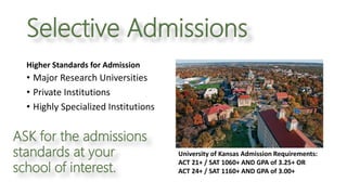 Selective Admissions
Higher Standards for Admission
• Major Research Universities
• Private Institutions
• Highly Specialized Institutions
University of Kansas Admission Requirements:
ACT 21+ / SAT 1060+ AND GPA of 3.25+ OR
ACT 24+ / SAT 1160+ AND GPA of 3.00+
ASK for the admissions
standards at your
school of interest.
 