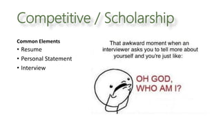 Competitive / Scholarship
Common Elements
• Resume
• Personal Statement
• Interview
 