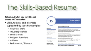 The Skills-Based Resume
Talk about what you can DO, not
where you’ve worked.
• Skills, talents, and interests
supported by specific examples
• Volunteer Work
• Travel Experiences
• Social Groups
• Religious Functions
• Athletics
• Performance / Fine Arts
 