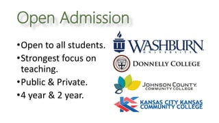 Open Admission
•Open to all students.
•Strongest focus on
teaching.
•Public & Private.
•4 year & 2 year.
 