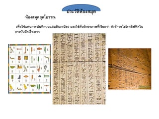 ประวัติห้องสมุด
ห้องสมุดยุคโบราณ
เพื่อใช้แทนการบันทึกบนแผ่นดินเหนียว และใช้ตัวอักษรภาพที่เรียกว่า ตัวอักษรไฮโรกลิฟฟิคใน
การบันทึกเรื่องราว
 
