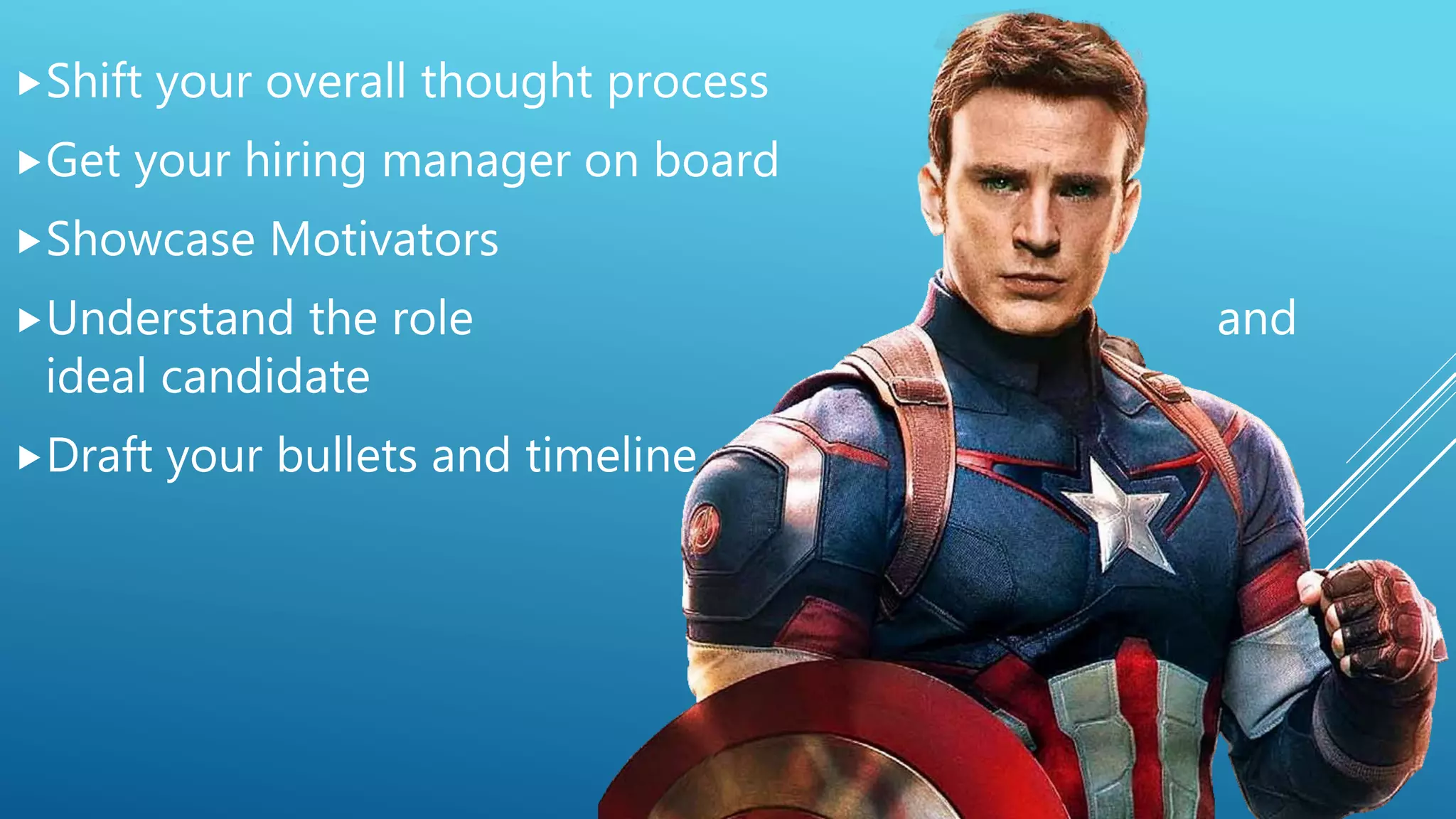 Shift your overall thought process
Get your hiring manager on board
Showcase Motivators
Understand the role and
ideal candidate
Draft your bullets and timeline
 